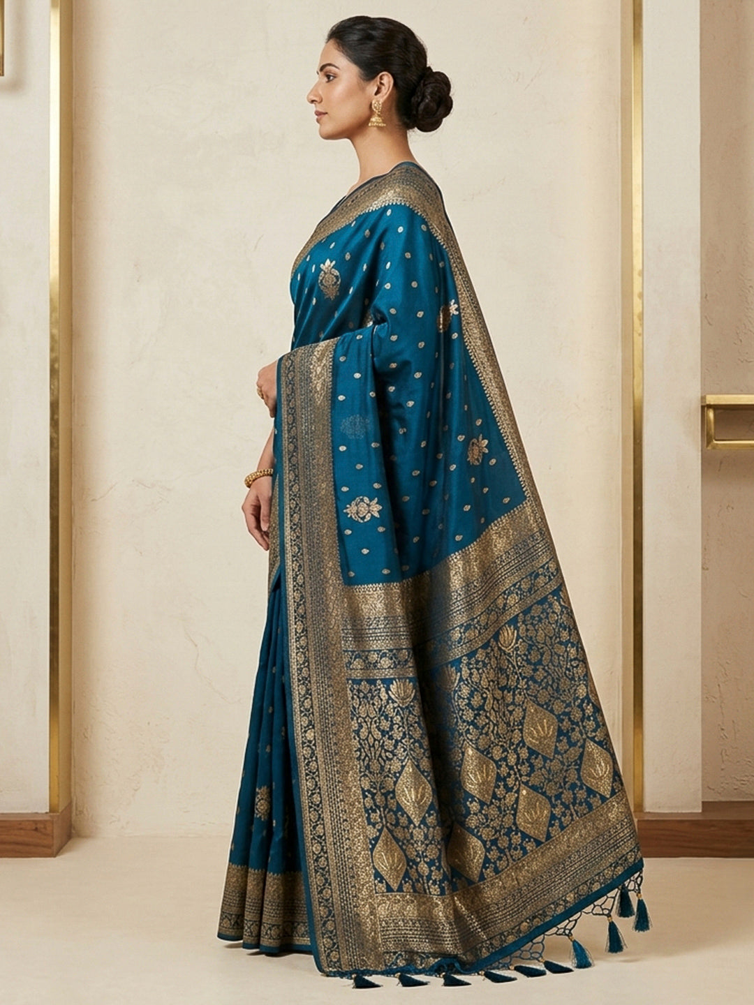 Peacock Blue Woven Design Dola Silk Saree
