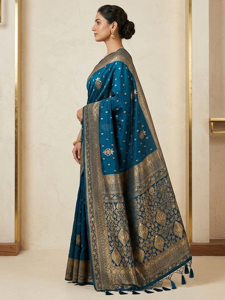 Peacock Blue Woven Design Dola Silk Saree