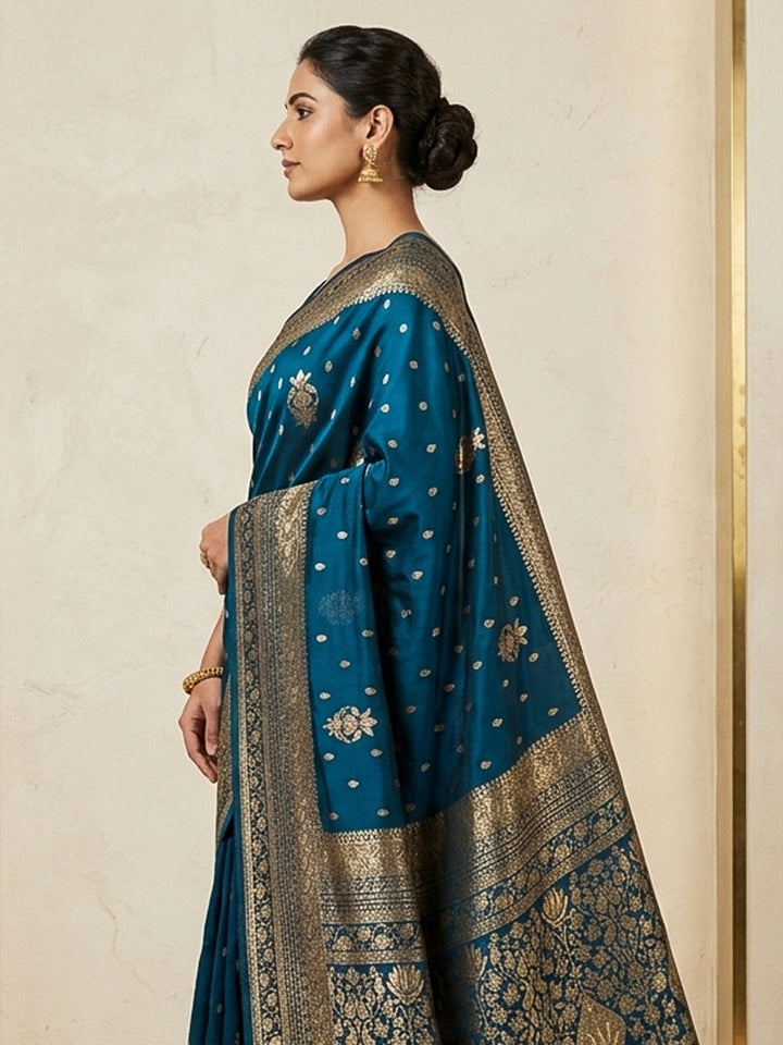 Peacock Blue Woven Design Dola Silk Saree