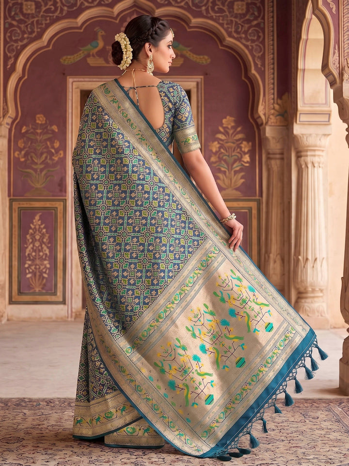 Peacock Blue Woven Design Art Silk Kanjivaram Saree