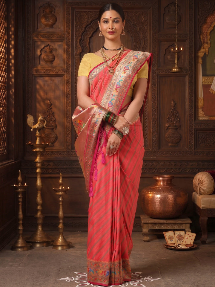 Carrot Rani Woven Design Dola Silk Saree
