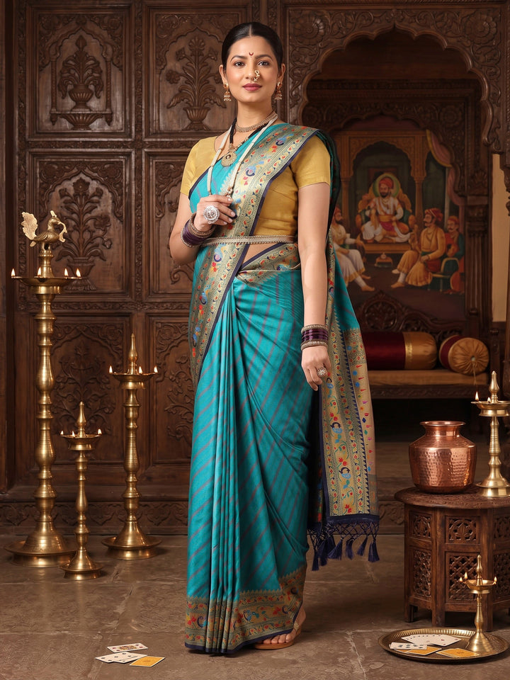 Dark Blue Navy Woven Design Dola Silk Saree