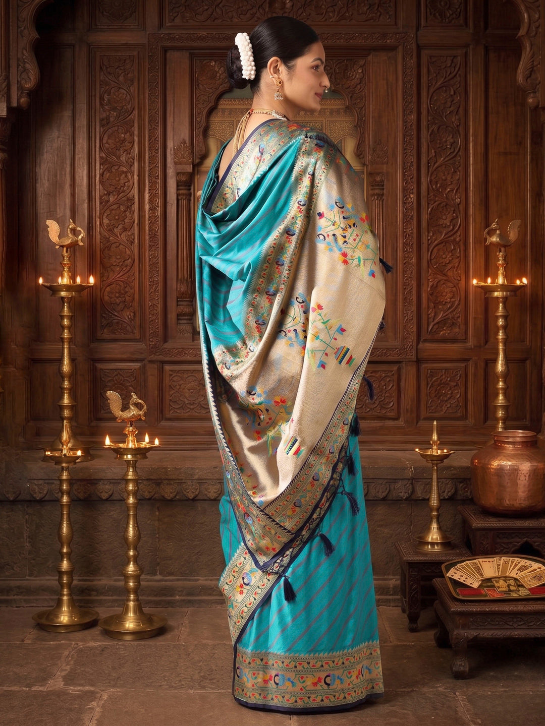 Dark Blue Navy Woven Design Dola Silk Saree