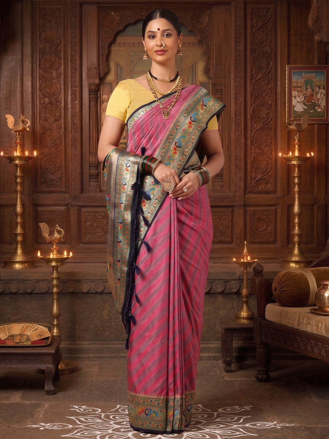 Lavender Navy Woven Design Dola Silk Saree