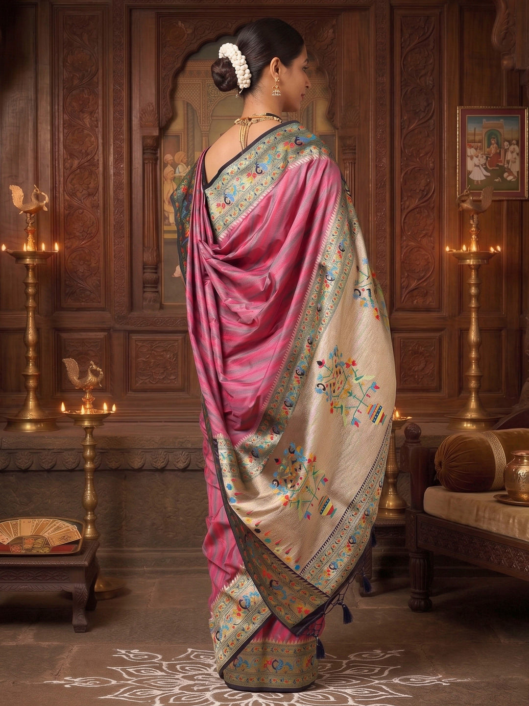 Lavender Navy Woven Design Dola Silk Saree