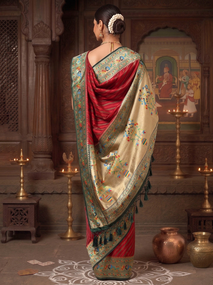 Maroon Navy Woven Design Dola Silk Saree