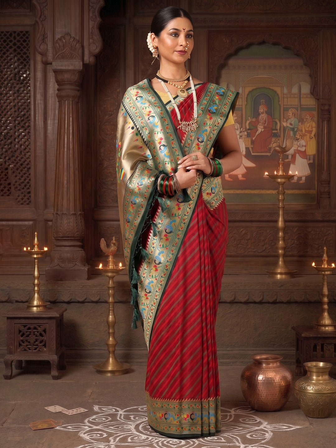 Maroon Navy Woven Design Dola Silk Saree