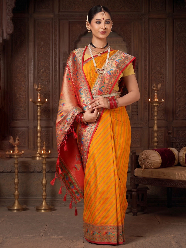 Mustard Red Woven Design Dola Silk Saree