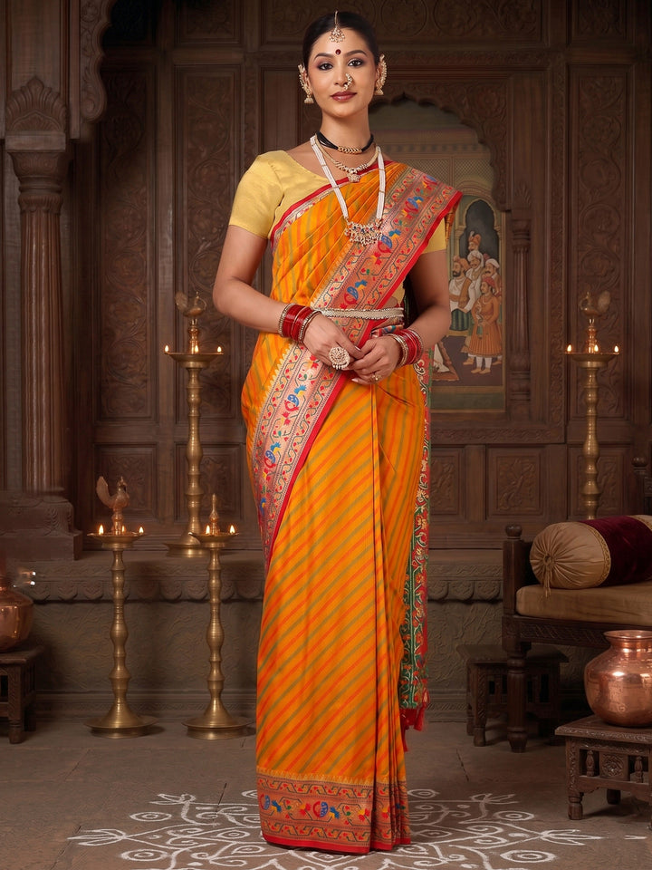 Mustard Red Woven Design Dola Silk Saree