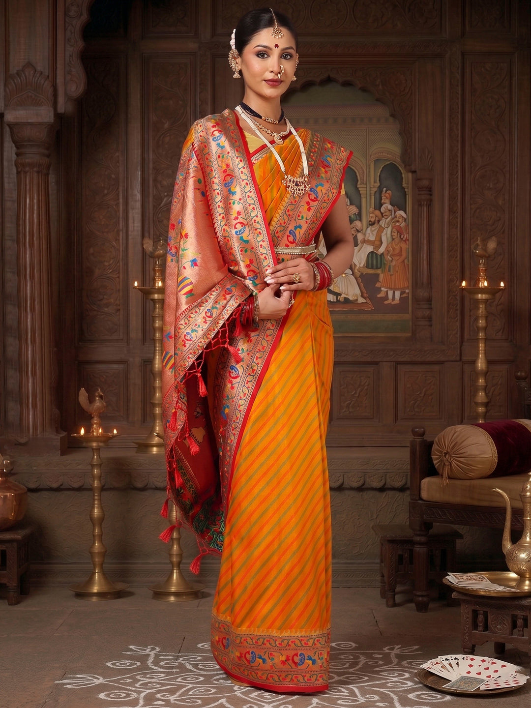 Mustard Red Woven Design Dola Silk Saree