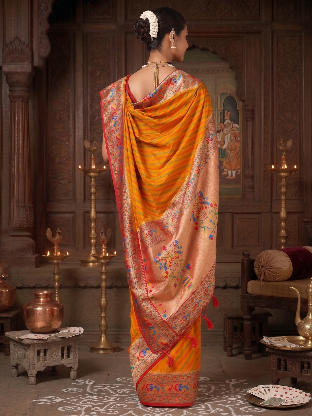 Mustard Red Woven Design Dola Silk Saree