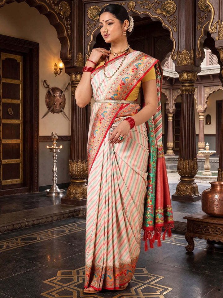 Off White Red Woven Design Dola Silk Saree