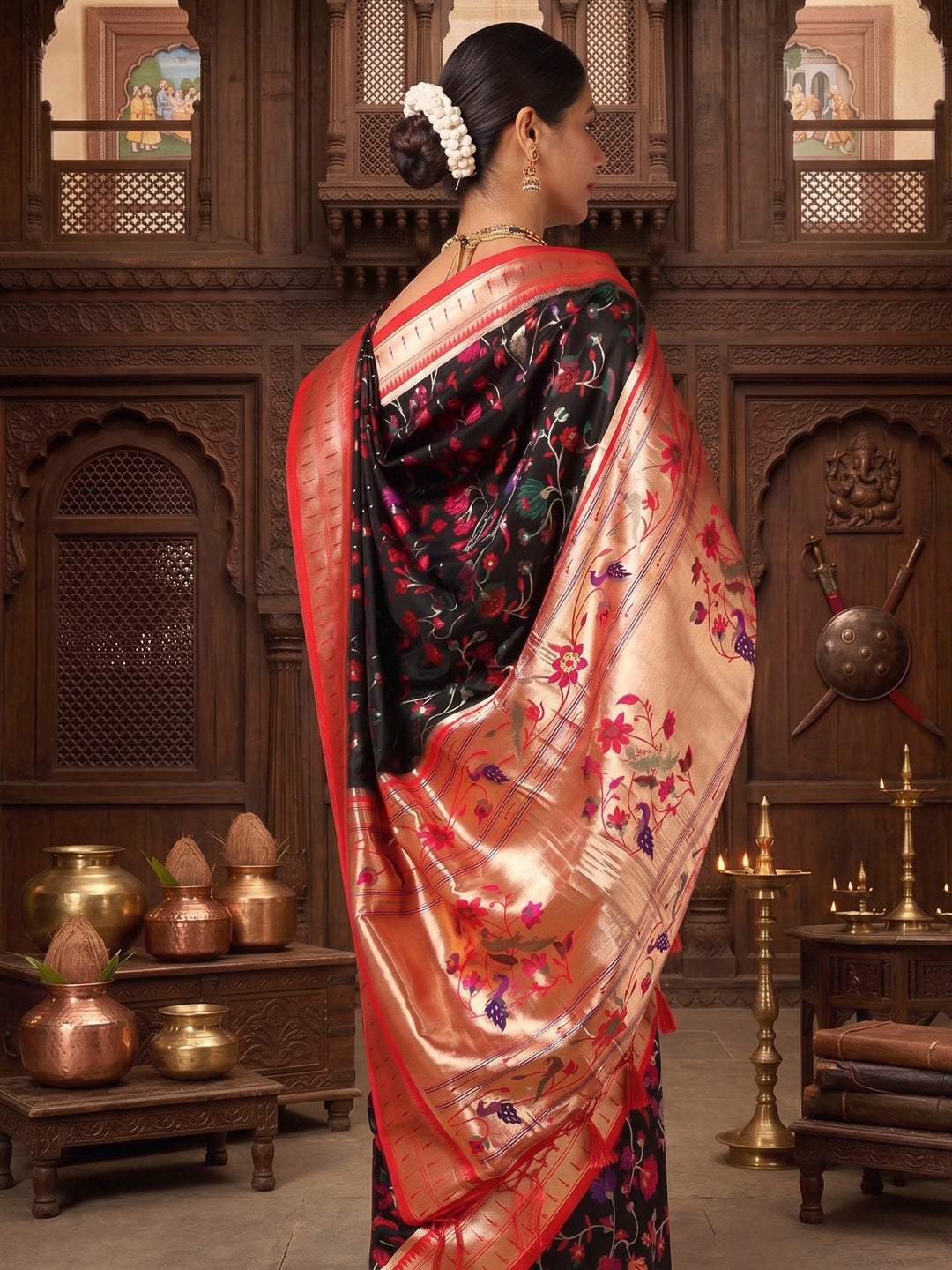 Black Red Woven Design Dola Silk Saree