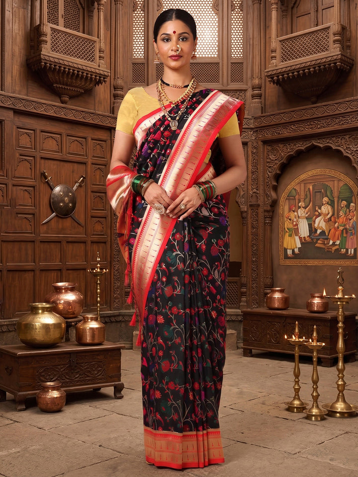 Black Red Woven Design Dola Silk Saree