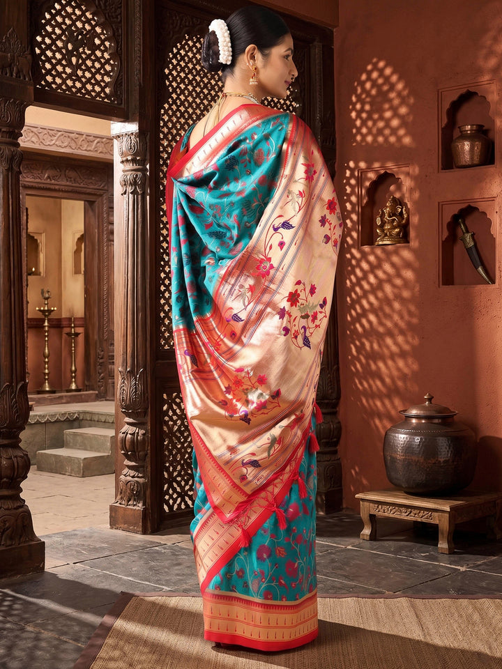 Dark Blue Red Woven Design Dola Silk Saree
