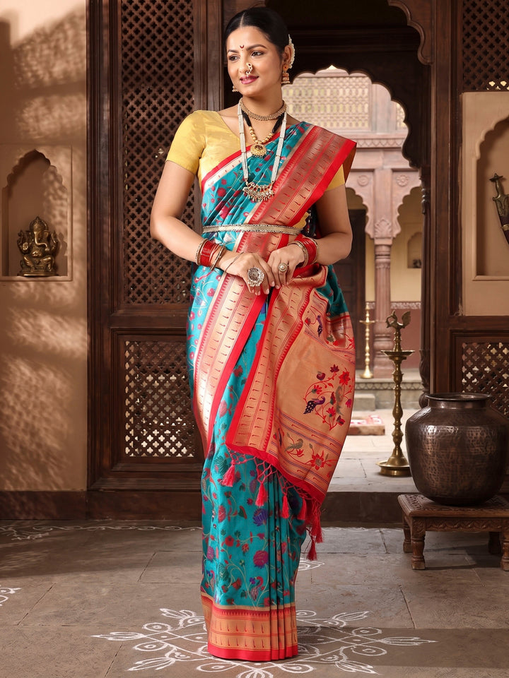 Dark Blue Red Woven Design Dola Silk Saree