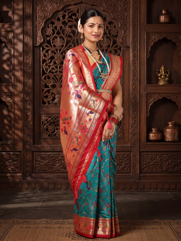 Dark Blue Red Woven Design Dola Silk Saree