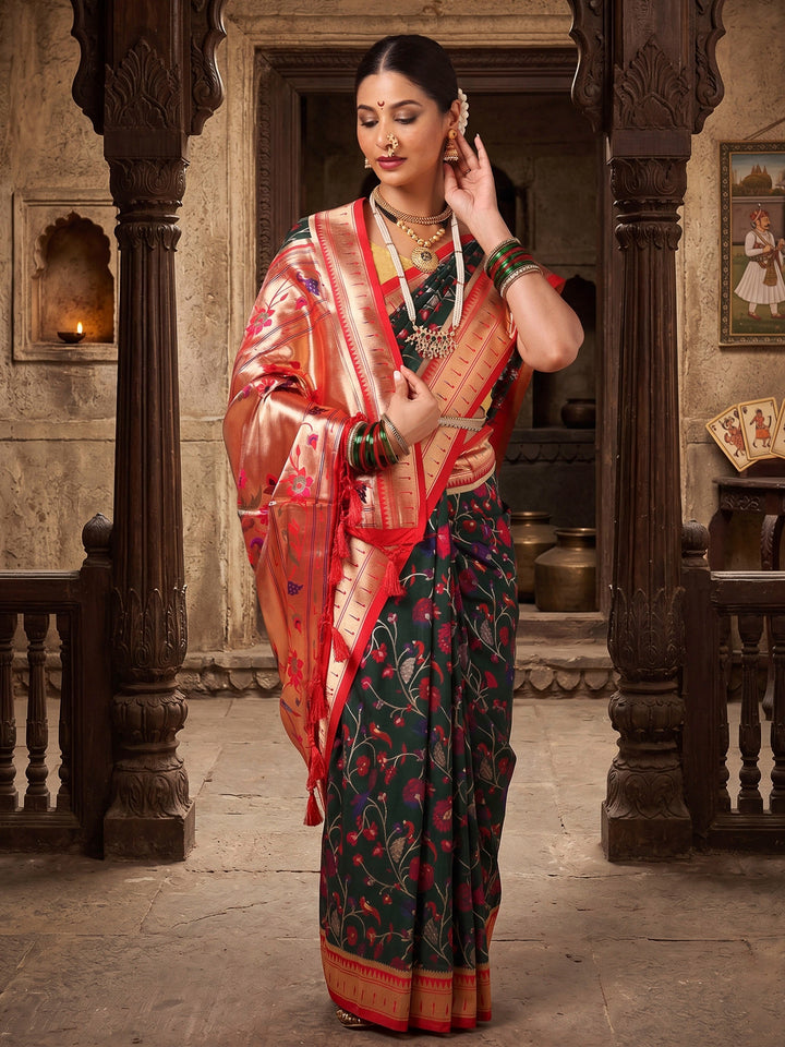 Dark Green Red Woven Design Dola Silk Saree
