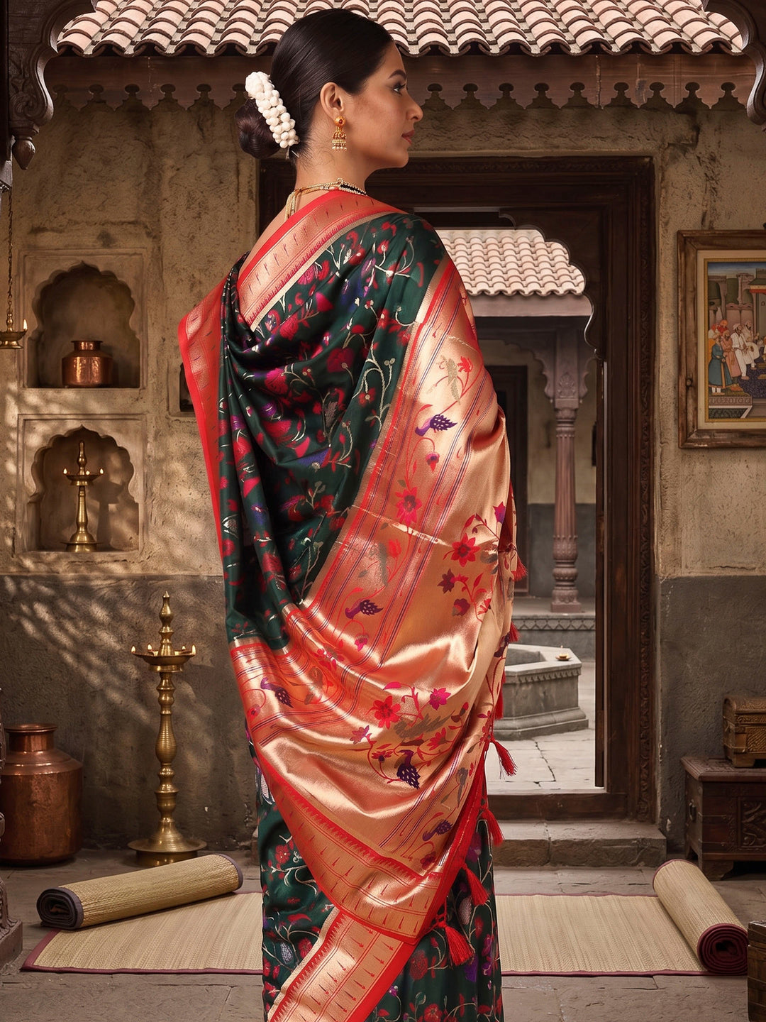 Dark Green Red Woven Design Dola Silk Saree