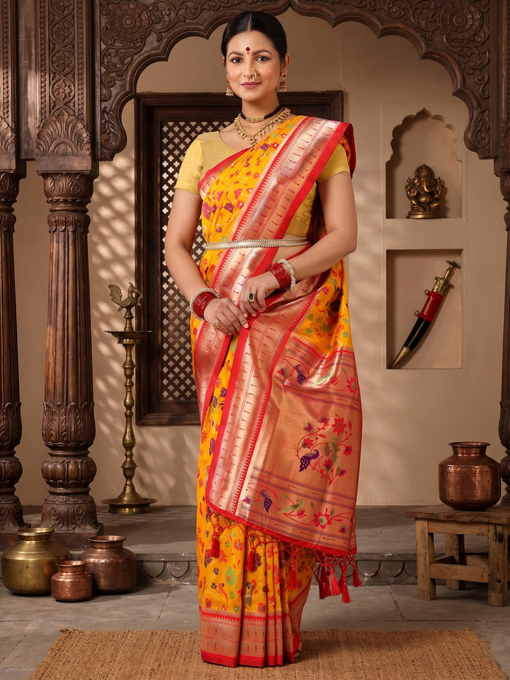 Mustard Red Woven Design Dola Silk Saree