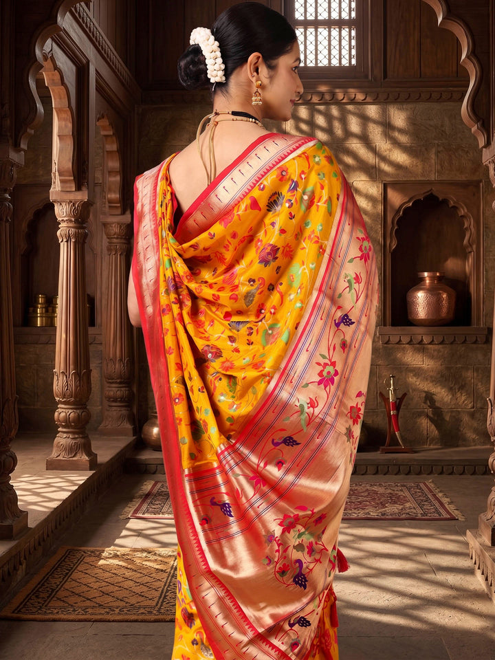 Mustard Red Woven Design Dola Silk Saree