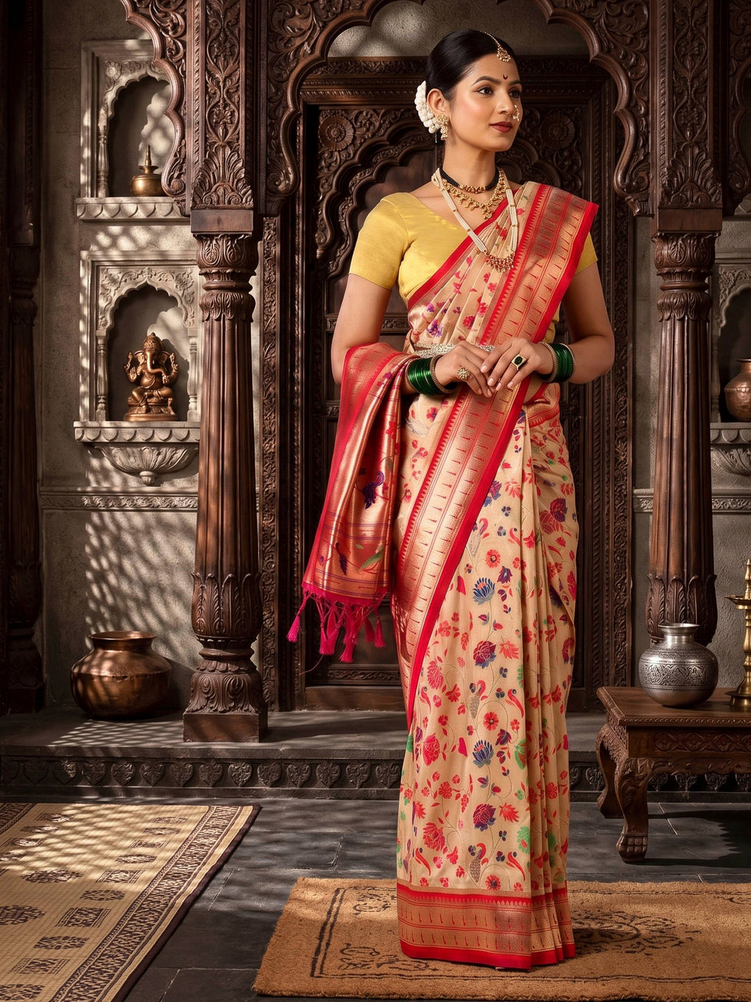 Off White Rani Woven Design Dola Silk Saree