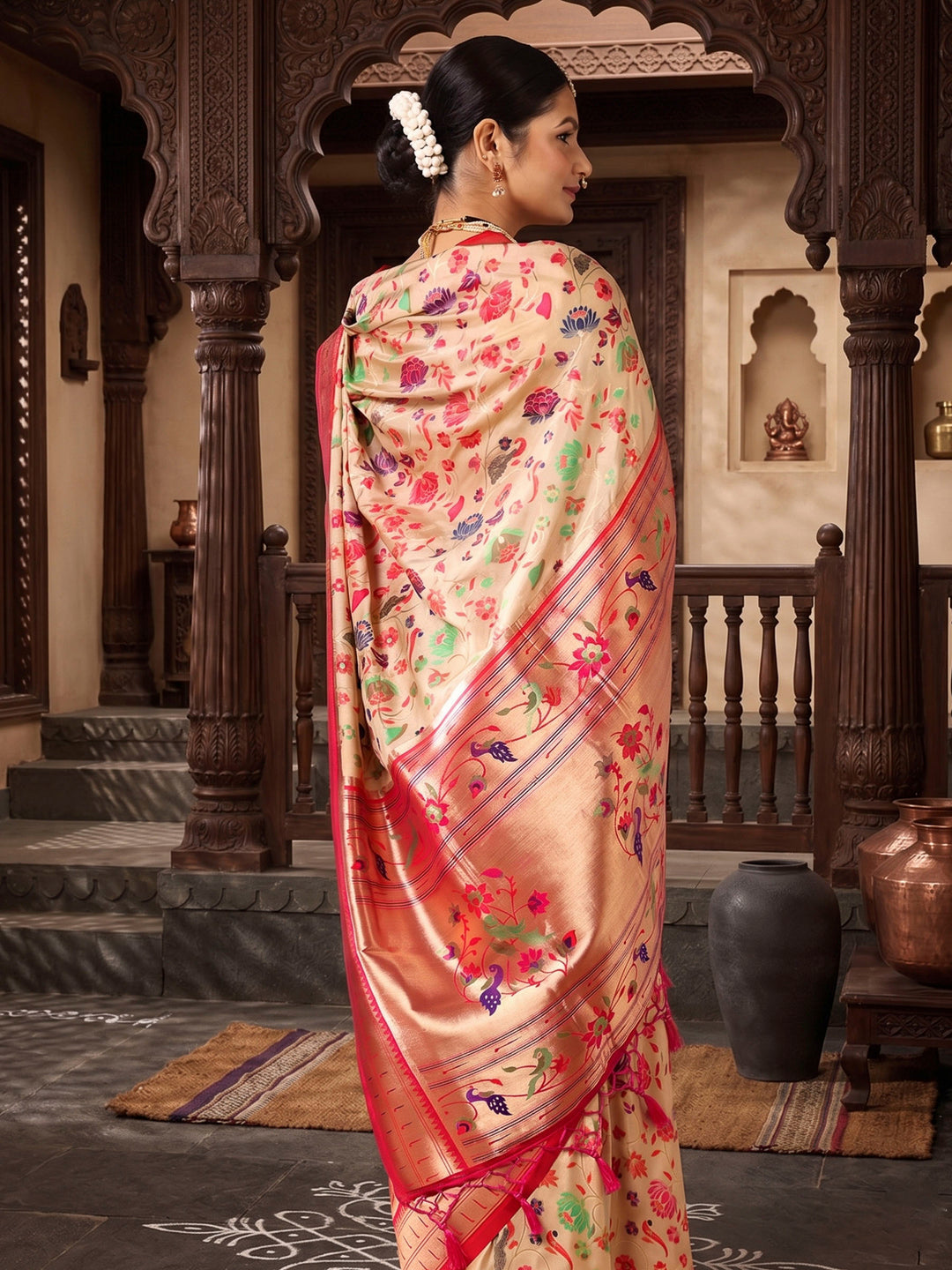 Off White Rani Woven Design Dola Silk Saree