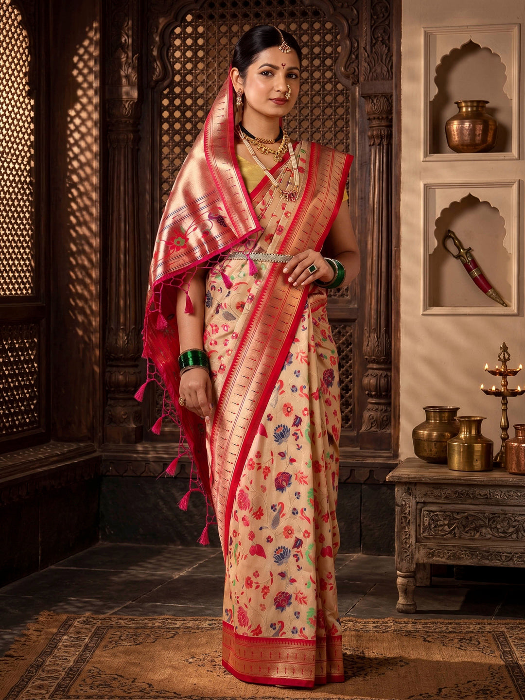 Off White Rani Woven Design Dola Silk Saree