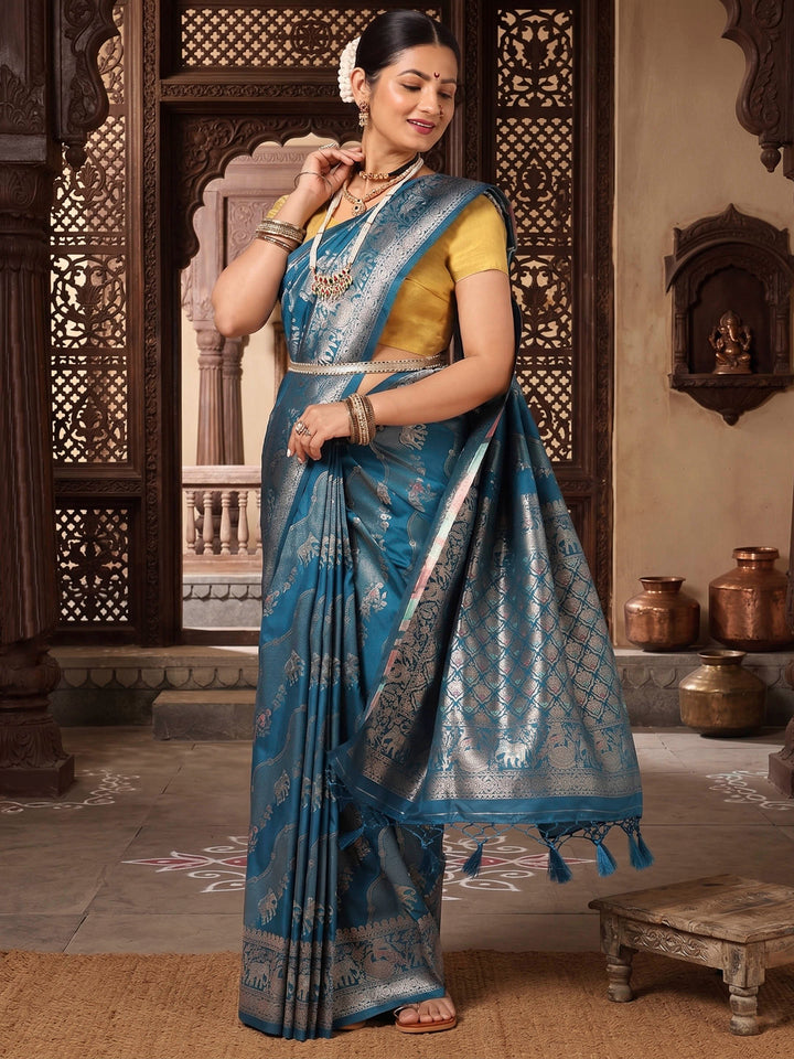 Dark Blue Woven Design Dola Silk Saree
