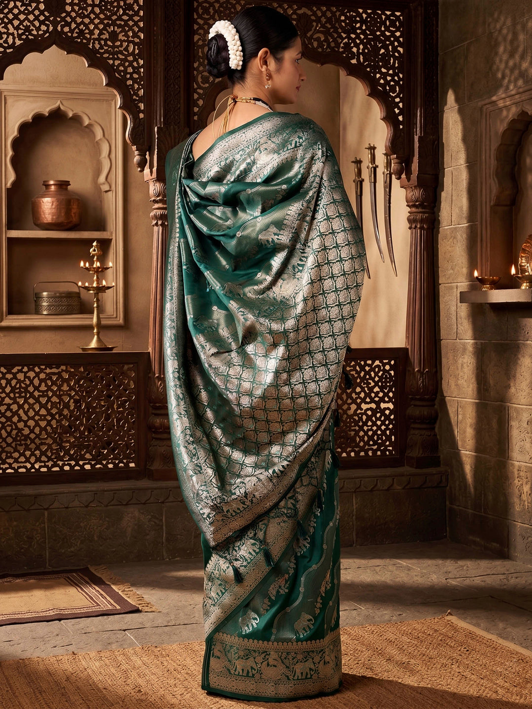 Dark Green Woven Design Dola Silk Saree
