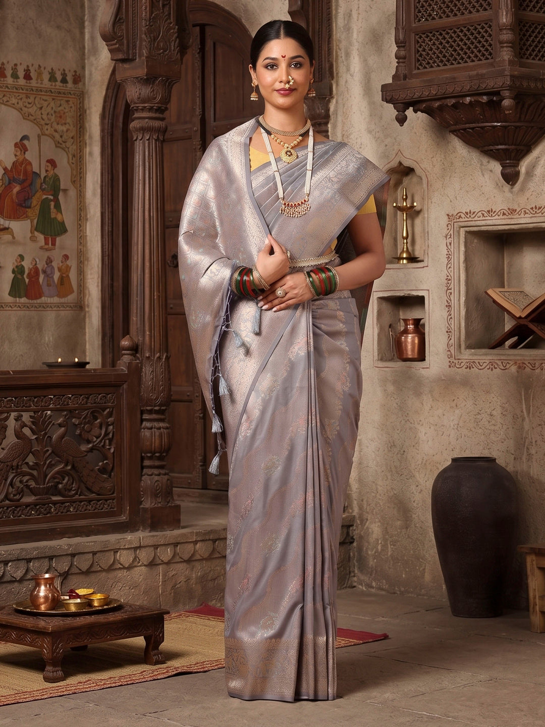 Grey Woven Design Dola Silk Saree