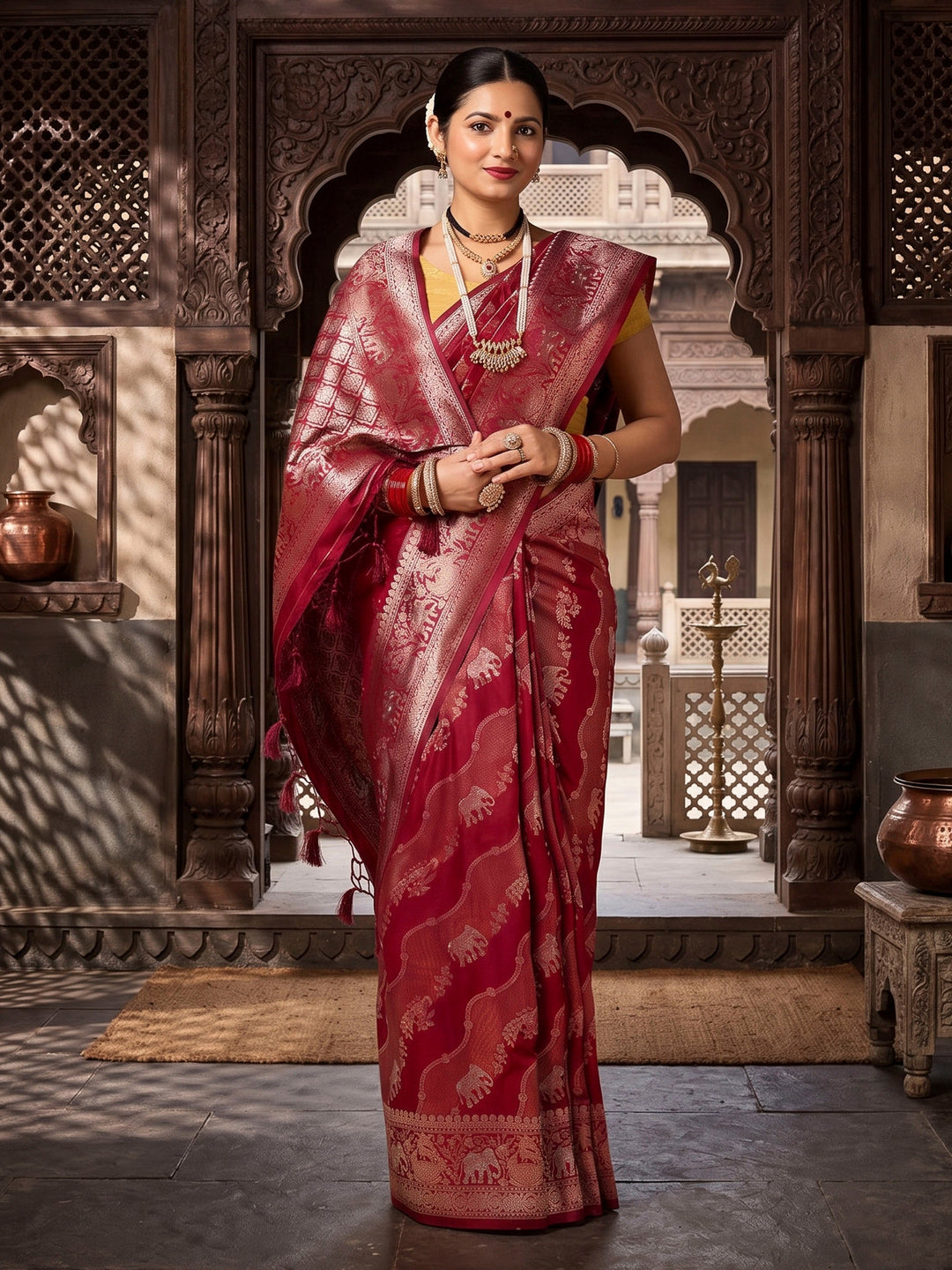 Maroon Woven Design Dola Silk Saree