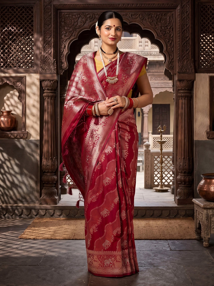 Maroon Woven Design Dola Silk Saree