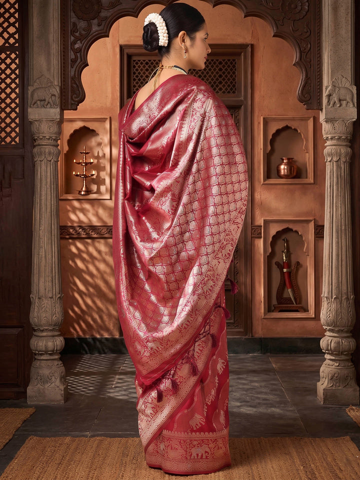 Maroon Woven Design Dola Silk Saree