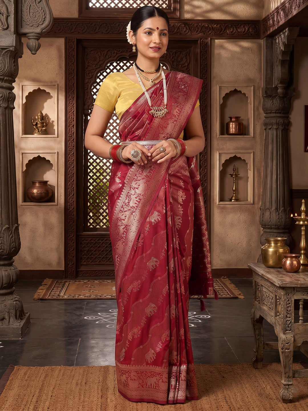 Maroon Woven Design Dola Silk Saree