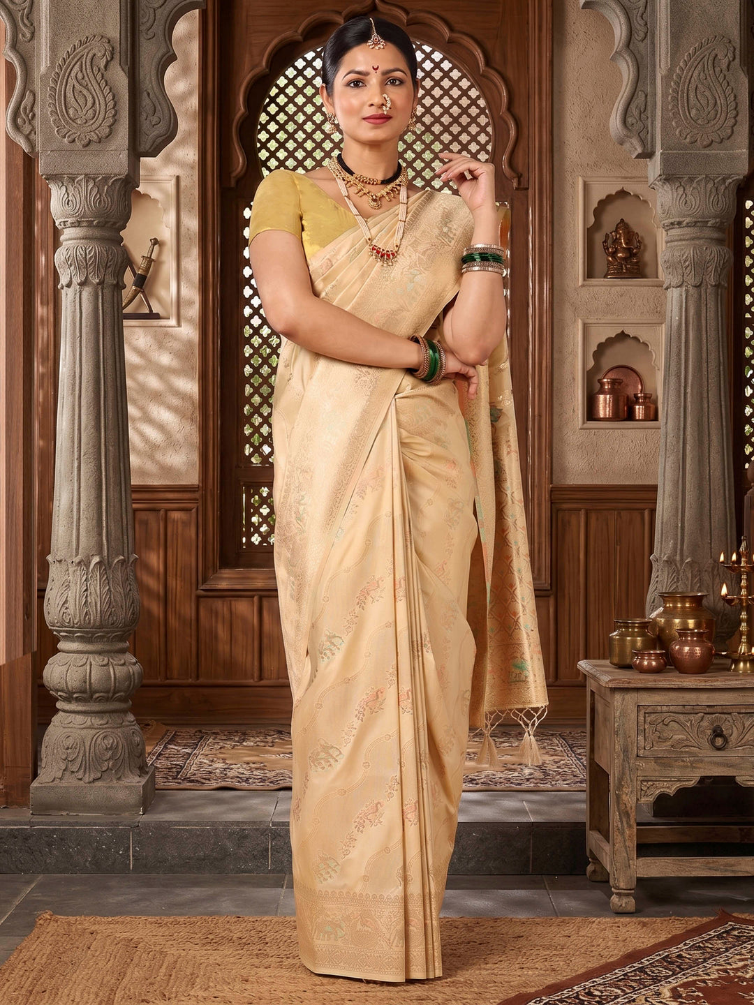 Off White Woven Design Dola Silk Saree