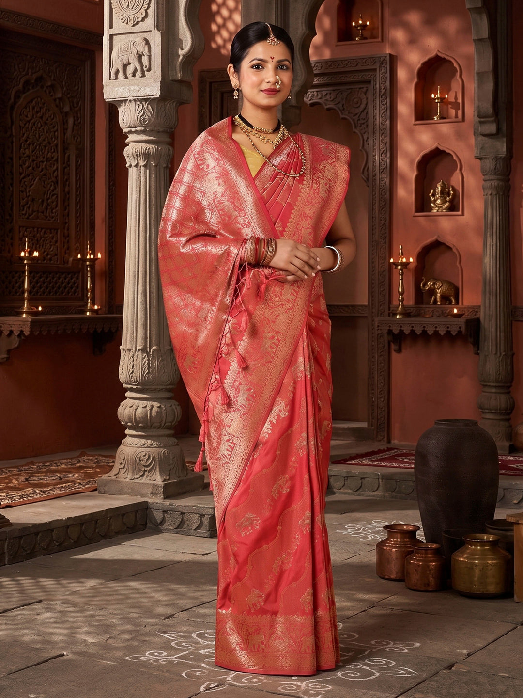 Peach Woven Design Dola Silk Saree