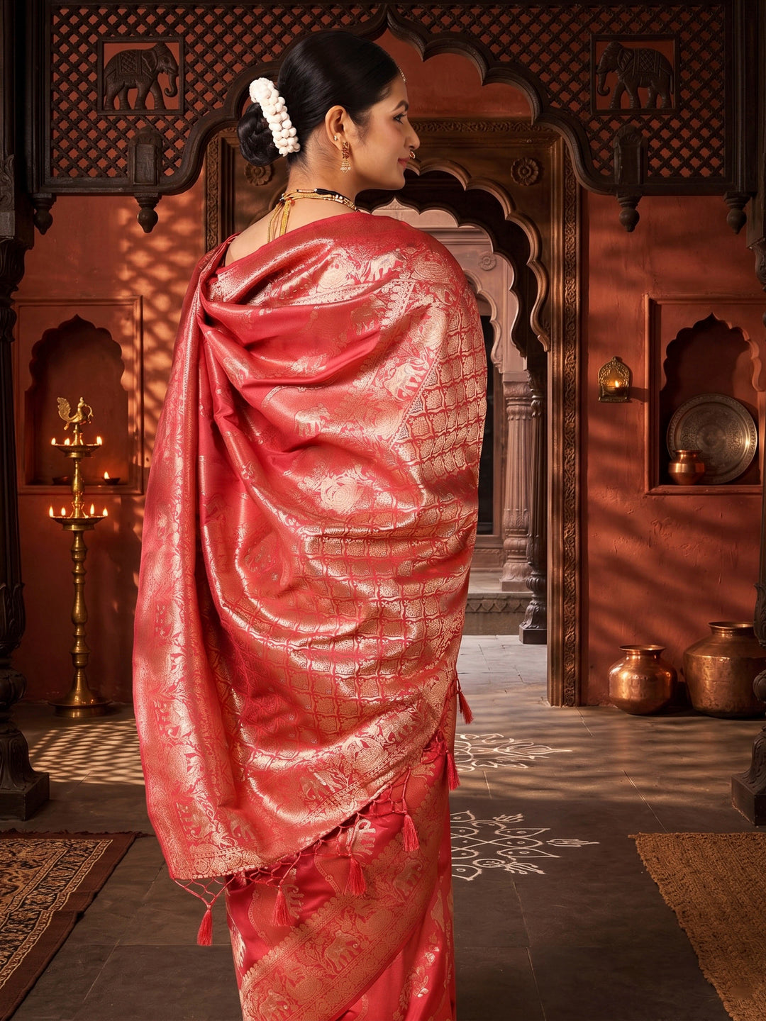 Peach Woven Design Dola Silk Saree
