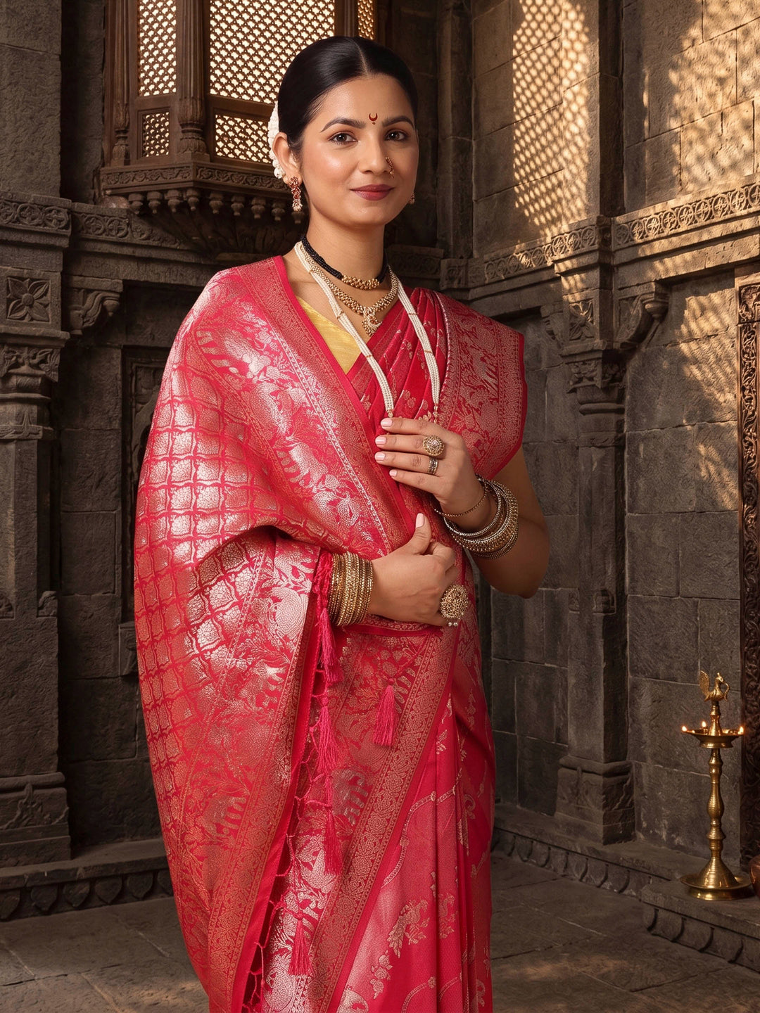 Rani Pink Woven Design Dola Silk Saree