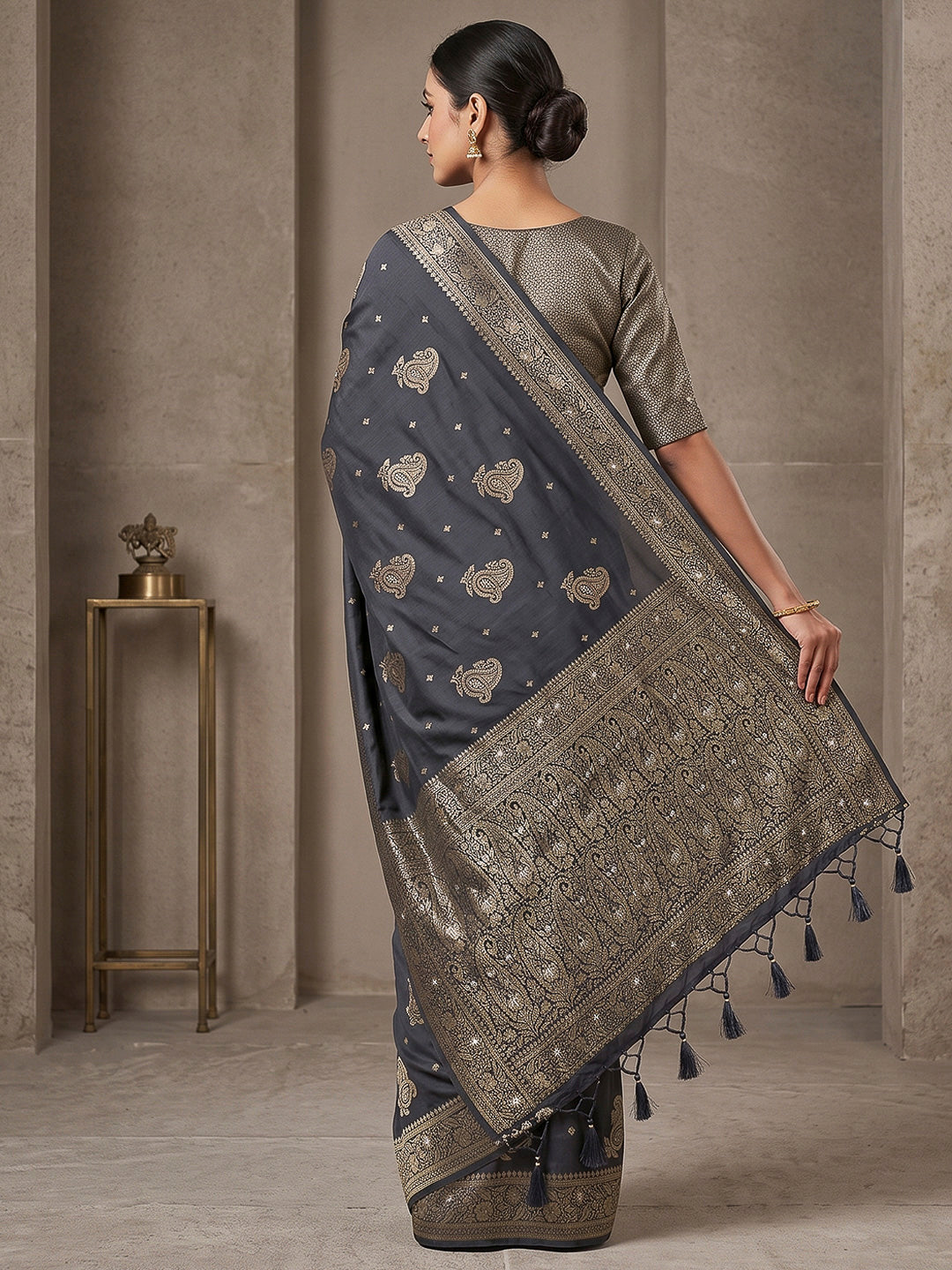 Navy-Blue Woven Design Dola Silk Saree