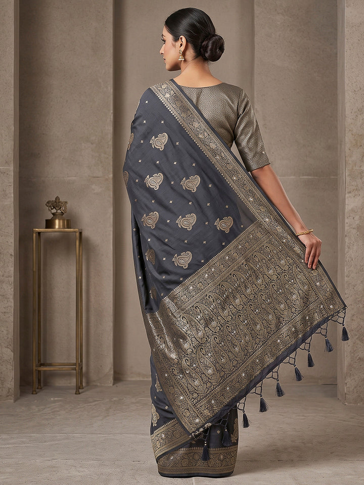 Navy-Blue Woven Design Dola Silk Saree