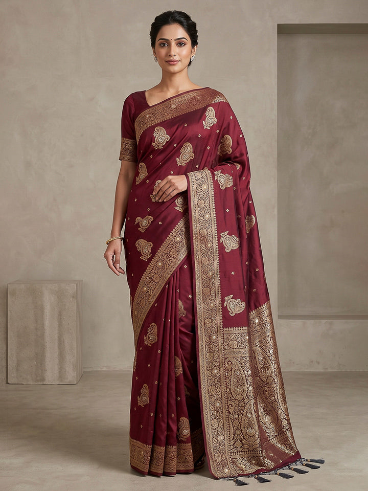 Wine Woven Design Dola Silk Saree
