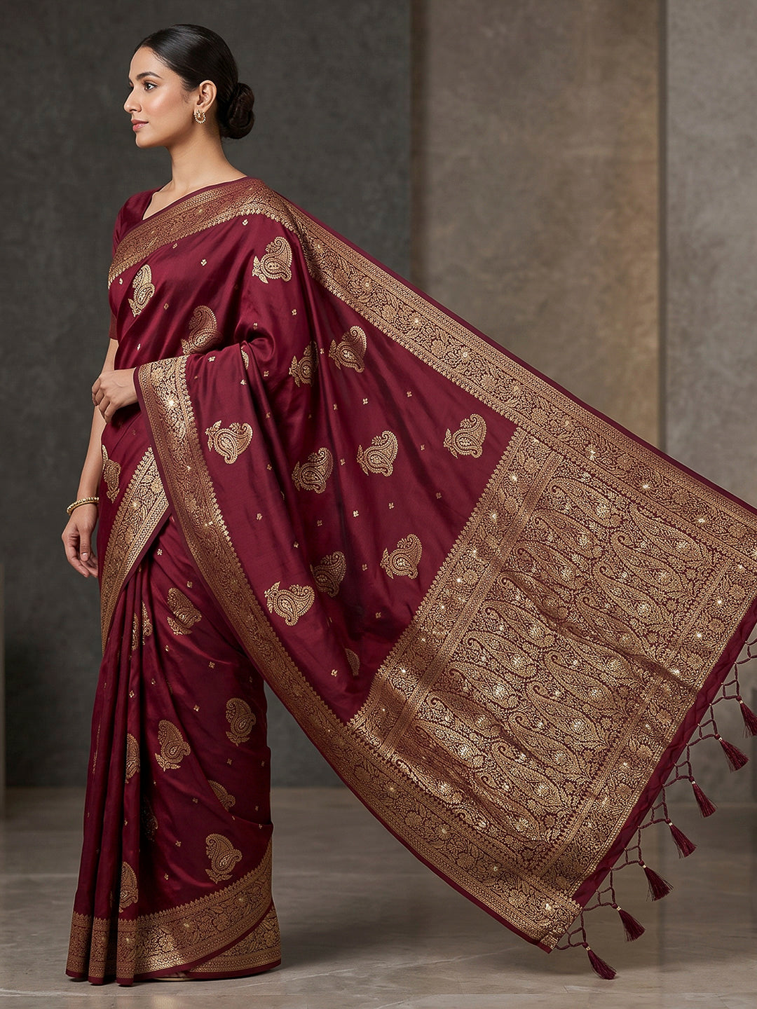 Wine Woven Design Dola Silk Saree