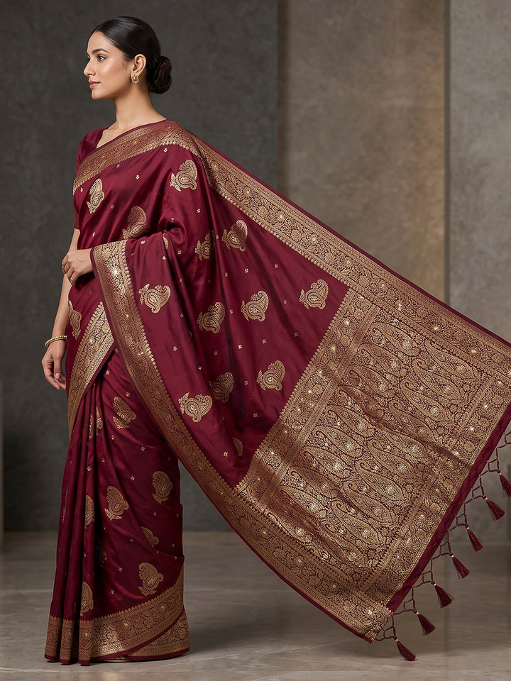 Wine Woven Design Dola Silk Saree