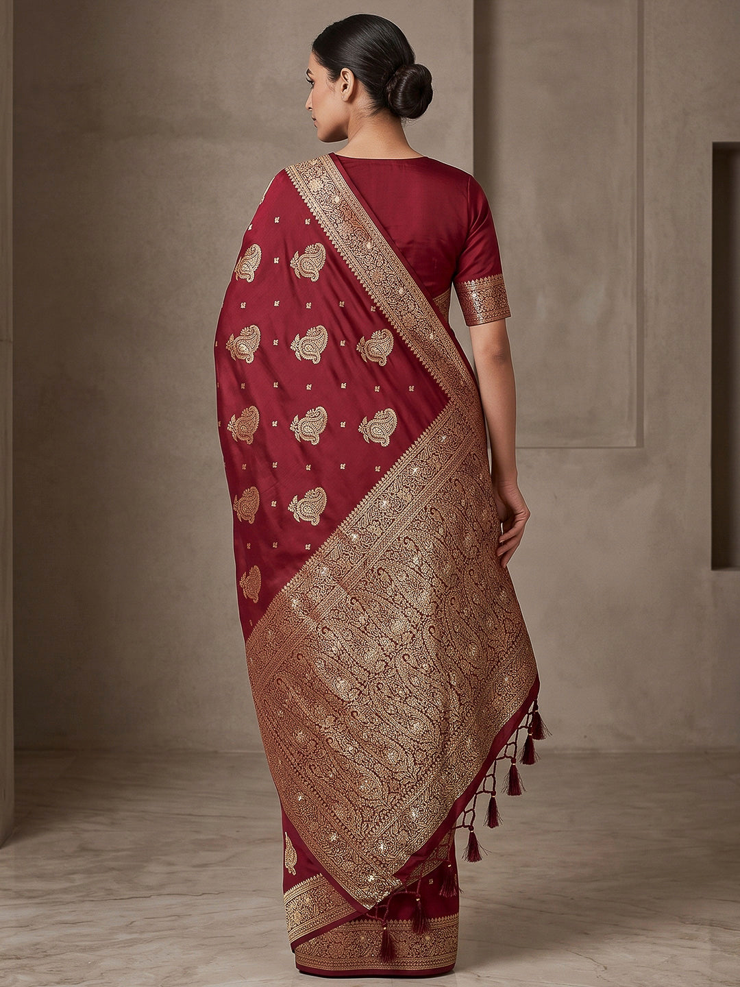 Wine Woven Design Dola Silk Saree