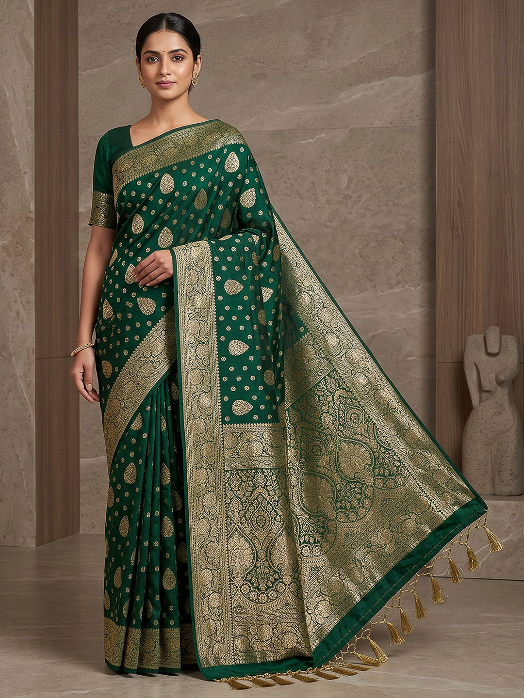 Bottle Green Woven Design Dola Silk Saree