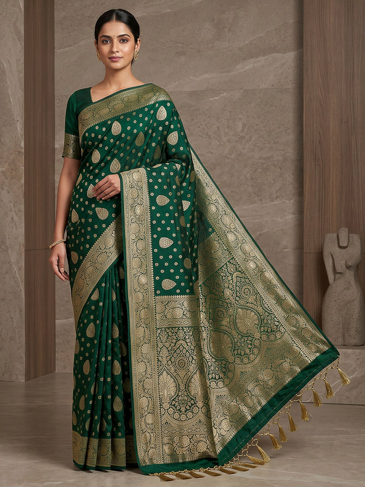 Bottle Green Woven Design Dola Silk Saree