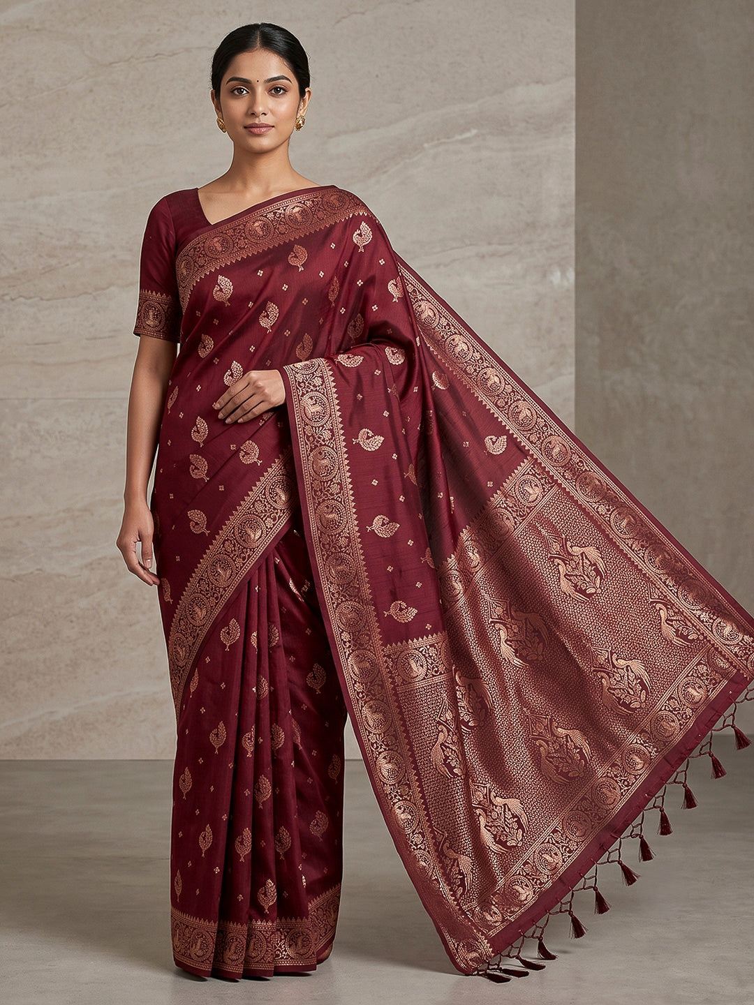 Maroon Woven Design Dola Silk Saree