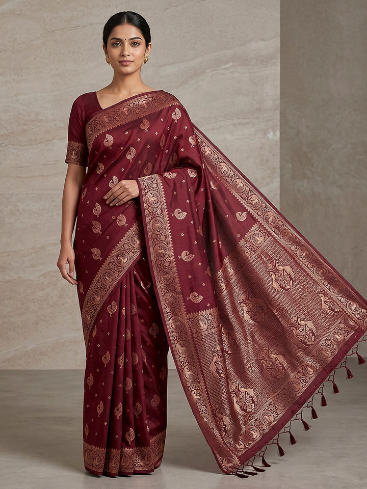 Maroon Woven Design Dola Silk Saree