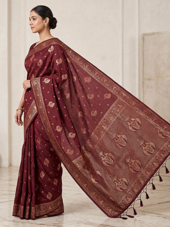 Maroon Woven Design Dola Silk Saree